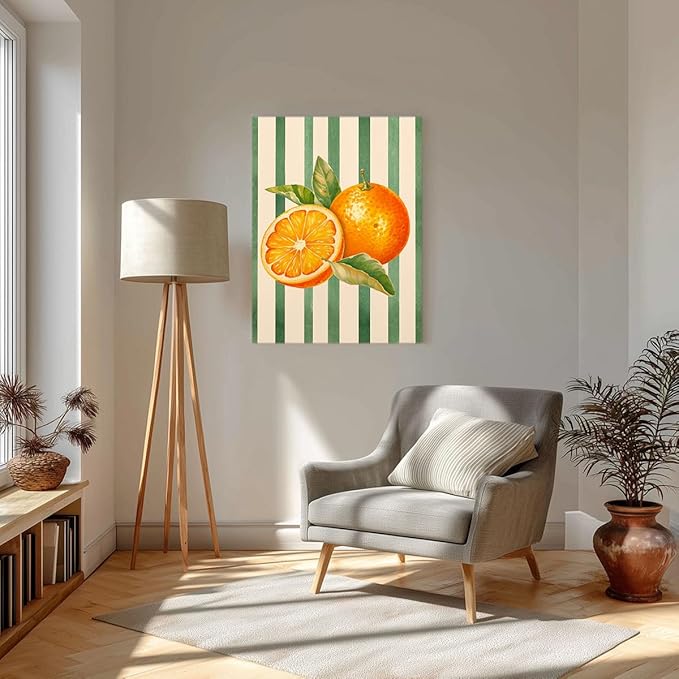 Orange Citrus Watercolor Wall Art – Fresh Fruit Botanical Print – Modern Kitchen Decor with Green Stripes – Summer Fruit Illustration Canvas Poster 12x16inch-Unframed