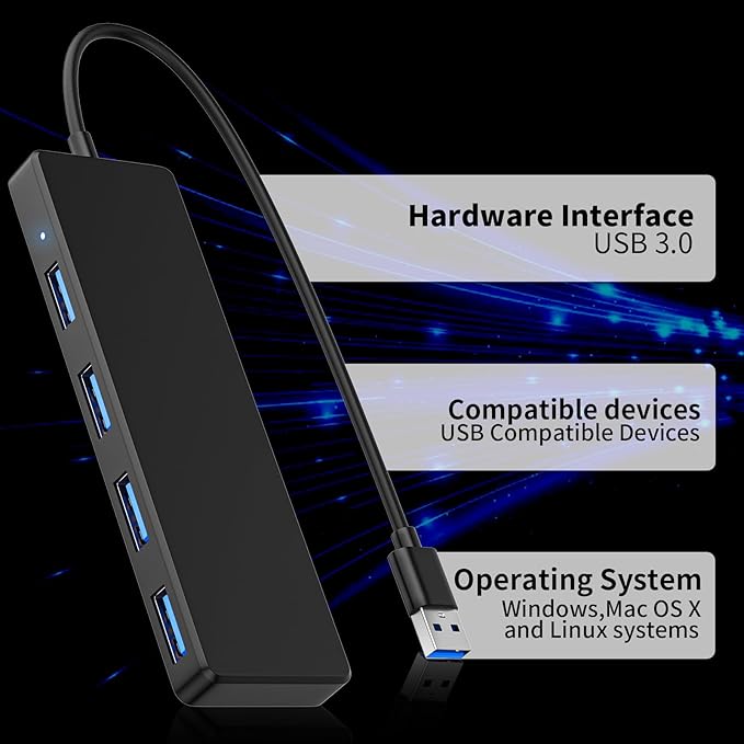 USB 3.0 Hub, 4 Ports USB A Splitter Ultra Slim Mini USB Expander, Multiple USB Hub for Laptop, PC, Xbox, Flash Drive, HDD, Console, Printer, Camera, Keyborad, Mouse and More(3ft)
