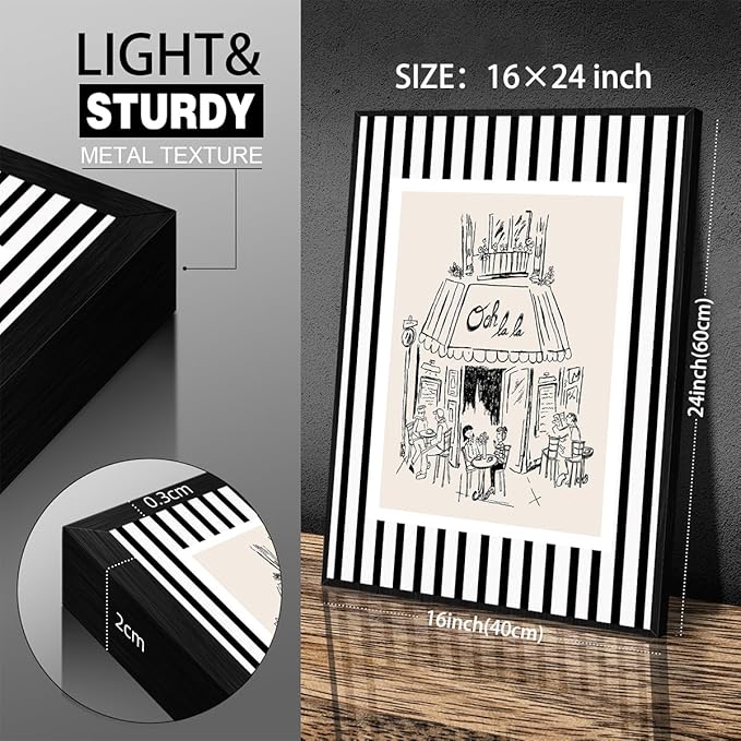 Black and White Stripe Sketch Wall Art French Paris Cafe Aesthetic Poster Funky Minimalist Canvas Prints 16X24 inch Black Framed for Kitchen Coffee Bedroom Wall Decor