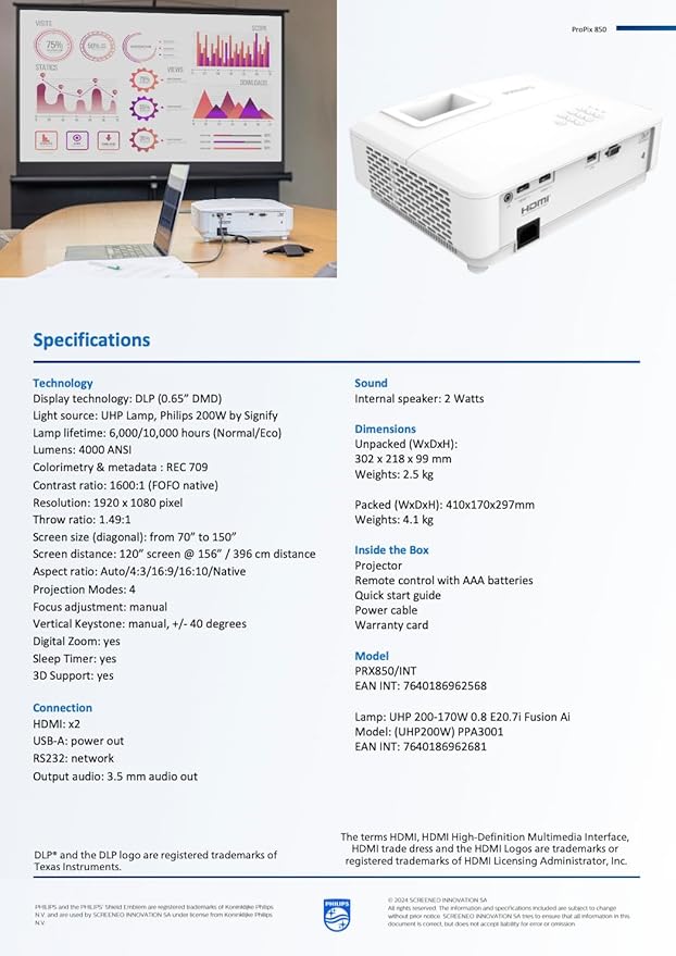 Philips, Propix 850, Professional Video Projector, DLP, Home Cinema, Advanced Image Correction, 1920 x 1080 Pixels, Full HD, 2-Watt Internal Speakers, Lumens: 4000 ANSI, White