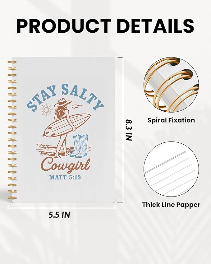 Christian Coastal Cowgirl Notebook, Western Surfing Cowgirl Journal, Summer Coastal Beach Journal for Writing, Matthew 5:13 Bible Verse Spiral Notebook, 5.5x8.3 Inch 559