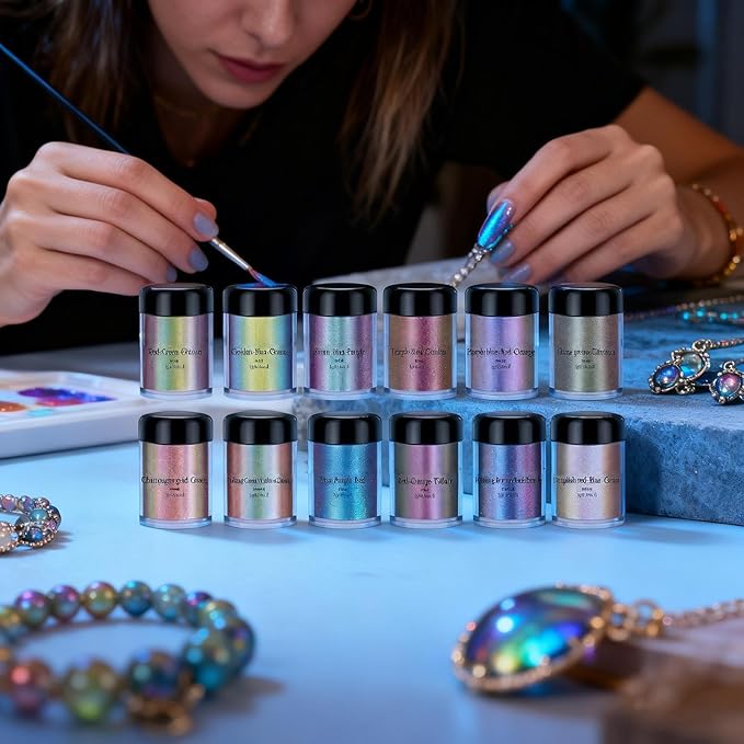 Glitter Resin Powder Color Pigment Set - 12 Bottles Pearlescent & Color-Changing Mica Powder | Cosmetic-Grade Pigment for Epoxy Resin, Candle Making, Nail Polish, Clay, Ceramics, Lip Gloss