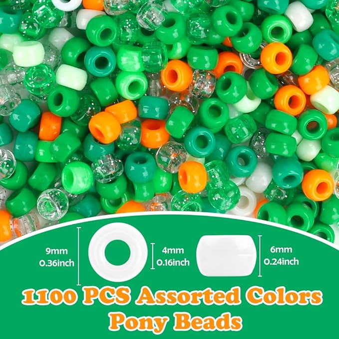 QPIXVB 1100PCS Pony Beads,St.Patrick's Day Pony Beads for Bracelets Crafts,Plastic Irish Spacer Bead,Green White Orange Hair Bead for Braids,Jewelry Necklace Keychain Charms Making Supplies