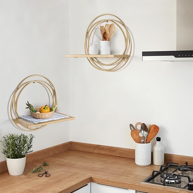 Oakrain Small Floating Shelves Set of 2, 11" Gold Wall Mounted Hanging Shelf with Metal Frame Wood Round Wall Shelves for Storage, Living Room Decor, Bathroom, Kitchen, Bedroom, Office