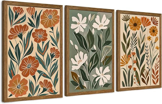 InspiredHues 3 Piece Abstract Boho Floral Canvas Wall Art, Green Beige Flower Market Wall Decor, Minimalist Colorful Botanica Artwork Prints for For Living Room Bedroom Office 12x16 Inch Wood Framed
