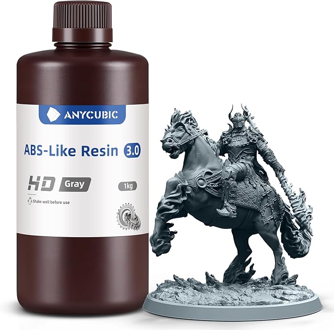 ANYCUBIC 3D Printer Resin, ABS-Like 3.0 Resin for 8K/14K/16K 3D Printing, Strong Strength, High Precision, Low Odor, Wide Compatibility for All LCD Resin 3D Printers (HD Grey, 1kg)