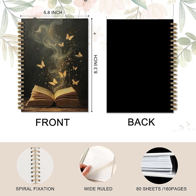 Butterfly Reading Notebook, Book Reading Journal for Book Lovers, Bookish Reader Gifts Journal, Vintage Moody Butterfly Dark Academia Spiral Notebook, 5.5x8.3 Inch