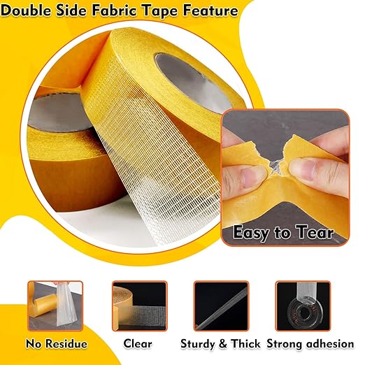 Double Sided Fabric Tape Heavy Duty Mounting Tape 0.79" x 66FT Resistente Clear Super Stick Tape with Fiberglass Mesh High Tack Strong Adhesive for Clothes Carpet Arts