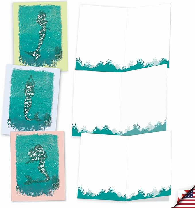 The Best Card Company - 10 Blank Note Cards (4 x 5.12 Inch) - Fun Mythical Fantasy Cards, Assorted Greetings Boxed - Mermaid Quotes AM6824OCB-B1x10-NB