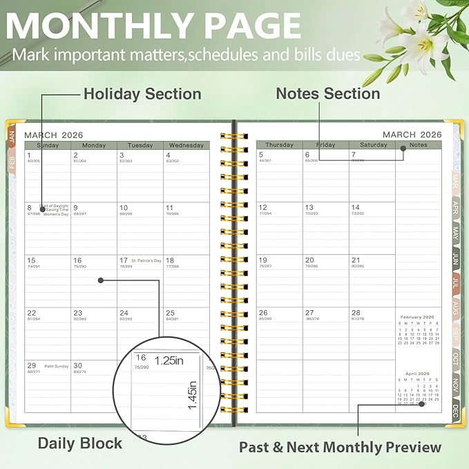 GuassLee 2026 Planner, Weekly and Monthly Planner from January 2026-December 2026, 8.4"x 6.1" Aesthetic Greenery Agenda Book with Back Pocket, Stickers, Coated Tabs, A5 Size