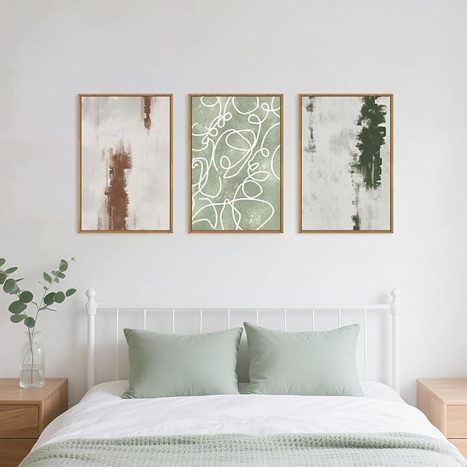 Large Abstract Green and Brown Framed Canvas Wall Art,Neutral Brush Stroke Wall Decor,Modern Watercolor Line Artwork,Minimalist Geometric Art Print for Living Room,Bedroom,Office- 16"x24"x3