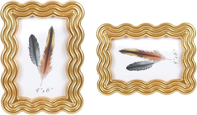 5x7 Picture Frame, Display Pictures 5x7 with Mat, Wavy Edge Wood Photo Frame for Tabletop and Wall Hanging, with Clear Plexiglass for Vertical or Horizontal Display, Gold, 1 Pack