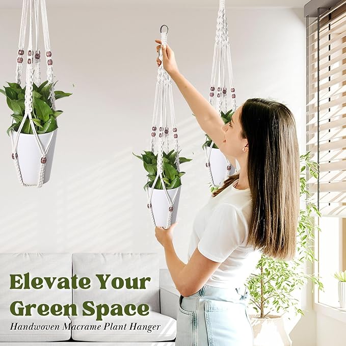 Flexzion 2 Pack White Macrame Plant Holder - 35 Inch Pot Hangers for Plants with C & S Hooks, Indoor Hanging Plant Holder with Woven Cotton Rope for Home Decor (Plant Pot Not Included)