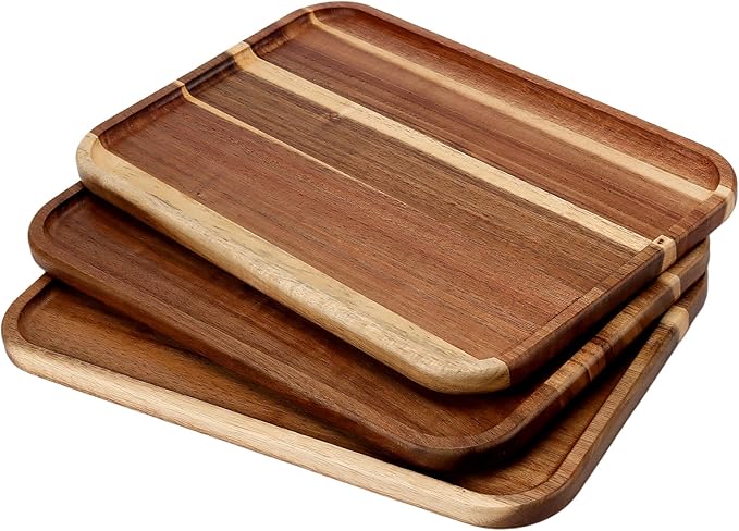 3 PCS Acacia Wood Serving Trays, 13'' x 9'' Rectangular Wooden Platters, Wood Kitchen Tray for Food, Cookie, Dessert, Fruit, Snack, Appetizer, Vegetable, Brown