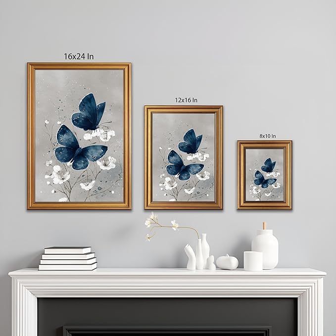 okudolit Gold Framed Navy Blue Butterfly Canvas Wall Art Print White Flower Botanical Painting Boho Neutral Insect Gray Vintage Moth Artwork Wall Decor for Living Room Bedroom Bathroom 8x10in
