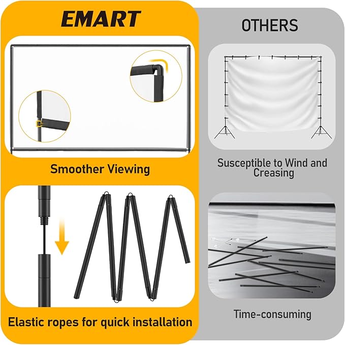 EMART Outdoor Projector Screen with Stand, 120 Inch Portable Projector Stand Indoor with Heavy Duty Flat Base, 16:9 4K HD Rear Front Movie Screen for Backyard, Party, Night (with Water Bag, Carry Bag)