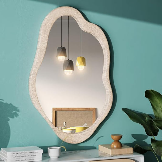 32"x 20" Wavy Cloud Mirror Irregular Wall Mirror with Wood Frame, Modern Decorative with Hanging Hooks, Asymmetrical for Bedroom Living Room Entryway Beige