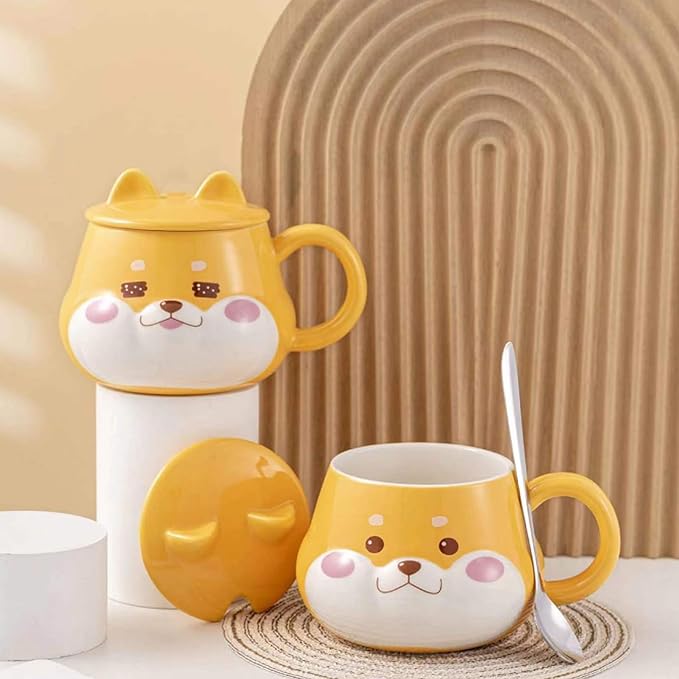 Cute Dog Couple Cup, Ceramic Coffee Mug with a Lid, Perfect as a Gift for Your Family and Friends (Cup C)
