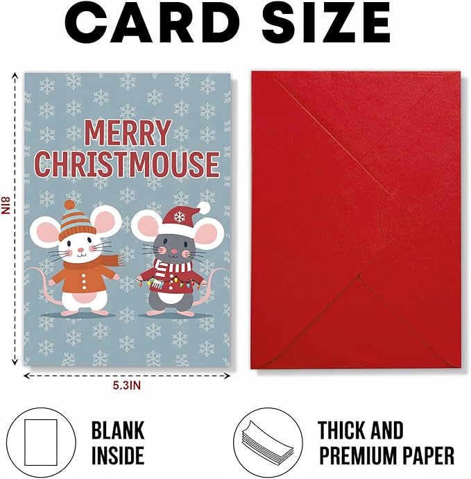 (5.3x8in) Merry Christmouse Card with Envelope, Cute Funny Christmas Mouse Greeting, Adorable Winter Holiday Card with Cartoon Mice Design for Friends, Family, and Kids (Xmas 25)