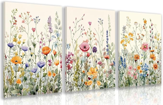 LLEEMPI Framed Watercolor Floral Wall Art Set of 3, Colorful Wildflower Wall Decor, Modern Abstract Botanical Canvas Painting, Rustic Farmhouse Poster Print for Bedroom Bathroom Office 12x16 Inch