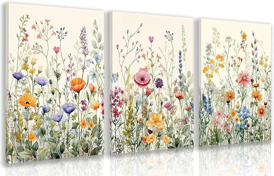 LLEEMPI Framed Watercolor Floral Wall Art Set of 3, Colorful Wildflower Wall Decor, Modern Abstract Botanical Canvas Painting, Rustic Farmhouse Poster Print for Bedroom Bathroom Office 12x16 Inch