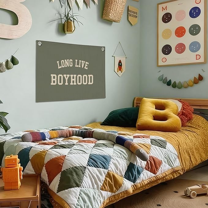 Long Live Boyhood Boys Room Decor - Wall Art Hanging Decor for Toddler Boy Room Nursery Playroom - Baby Kids Teen Bedroom Decor Sage Green,30X20 Inch