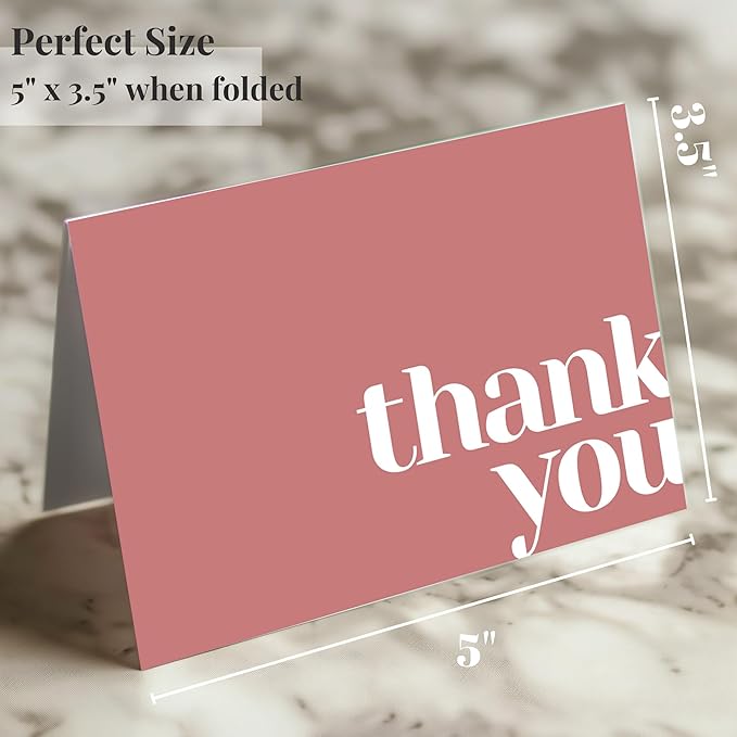 Paper Play Thank You Cards Bulk Pack of 40 Pink, 5x3.5 Inches with Matching Stickers & Envelopes, Minimalistic Design Suitable for Business, Baby Shower, Wedding, Small Business, Graduation, Funeral