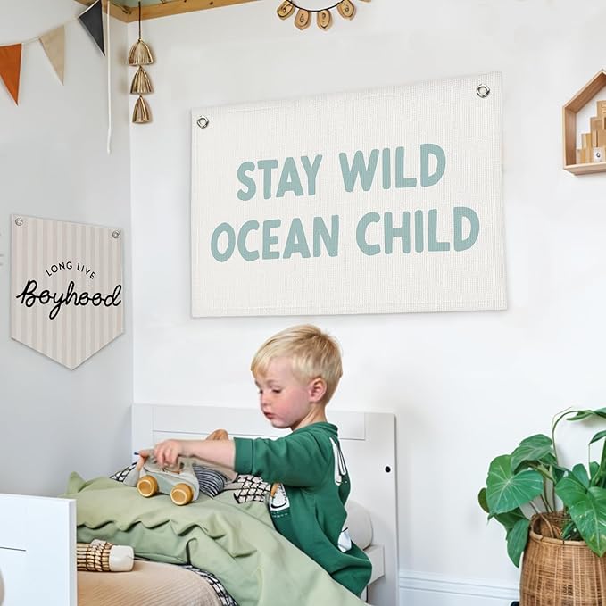 Lacama Beach Theme Wall Decor for Boys Room, Coastal Kids Playroom Nursery Hanging Sign, Stay Wild Ocean Child Linen Canvas Banner, Rustic Nautical Surf, 30x20 Inch