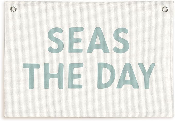 Lacama Beach Theme Wall Decor for Boys Room, Coastal Kids Playroom Nursery Hanging Sign, Seas The Day Linen Canvas Banner, Rustic Nautical Surf 30x20 Inch