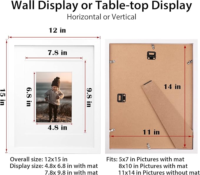 KINLINK 11x14 Picture Frame White, Solid Wood Frames with Acrylic Plexiglass for Pictures 5x7/8x10 with Mat or 11x14 without Mat, Tabletop and Wall Display, Set of 4