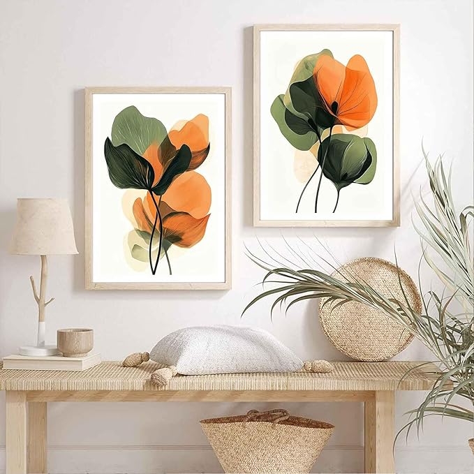 2Pcs Abstract Plants Floral Canvas Wall Art Modern Botanical Flower Painting Decor Pictures Medieval Colorful Boho Posters Prints for Dining Living Kitchen Church Bedroom Decoration No framed