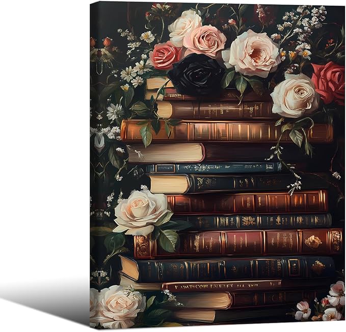 Dark Academia Book Canvas Posters Moody Botanical Floral Wall Art Vintage Antique Victorian Aesthetic Oil Painting 12X16 inch Framed for Gallery Library Wall Decor