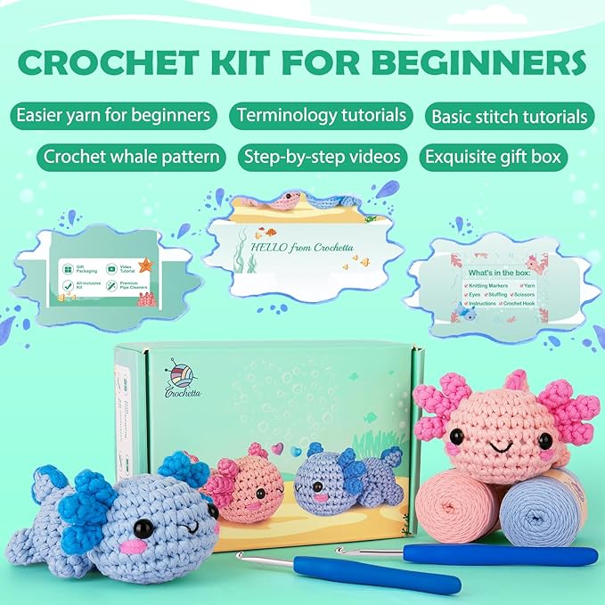 Crochetta Crochet Kit for Beginners, Crochet Starter Kit w Step-by-Step Video Tutorials, Easy Beginner Crochet Kit for Adults, Women & Men, Handmade DIY Gift Complete Kit Included (Axolotl 2Pack)