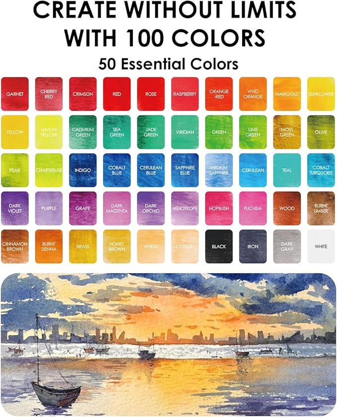 Grabie 50 Colors Premium All-In-One Water Color Paint Set - Detail Paint Brush Included, Watercolor Paints, Painting Sets, Art Supplies, Portable & Travel Watercolor Set, Amateur Hobbyists