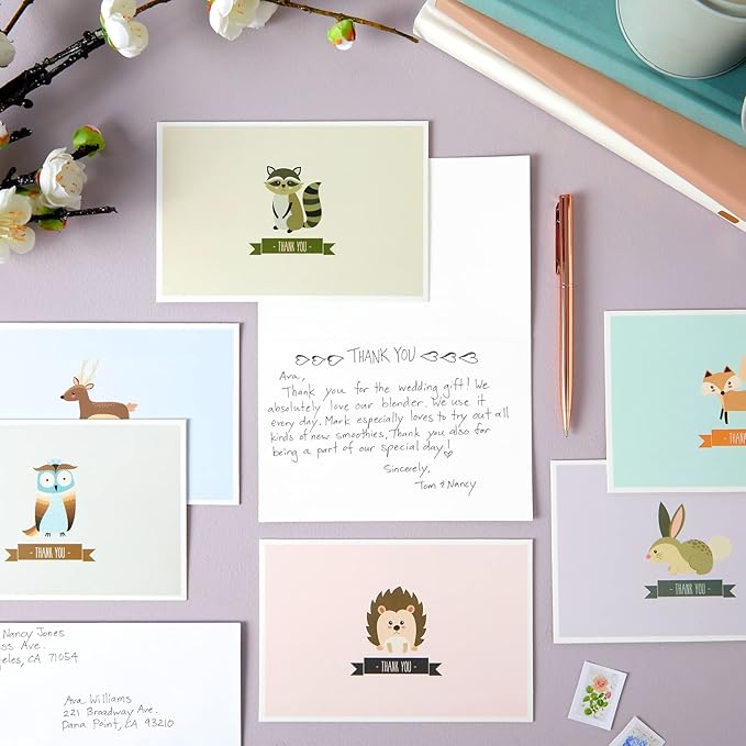 Best Paper Greetings Baby Shower Thank You Cards with Envelopes - Funny Woodland & Cute Animal Designs - Premium Cardstock Greeting Cards with Adhesive Envelopes - 6 Designs, Pack of 48, 4 x 6 In
