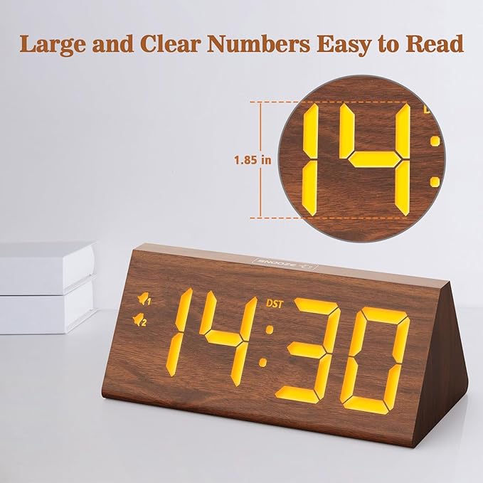 Wooden Digital Alarm Clock with Dual USB Charging Ports, DST, Dimmable, Snooze, Modern Large Time Display LED Clock for Kids Bedrooms, Living Room, Desk, Table, Bedside, Nightstand (Brown)