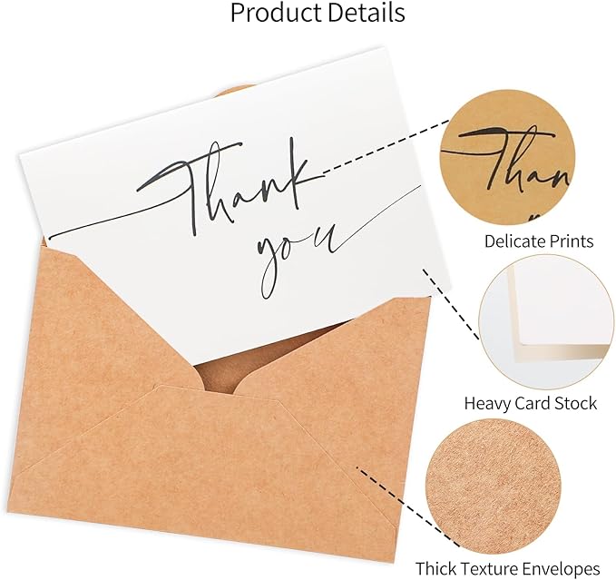 miikoul 100 Pieces Thank You Cards with Kraft Envelopes & Stickers 4x6 Inch Minimalistic Design Bulk Thank You Note for Graduation, Baby Shower, Wedding,Business, Doctor,Teachers