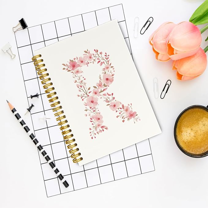 Pink Cute Spiral Notebook Journal, Preppy Floral Initial Letter R Personalized Journaling Notebooks, Monogrammed Gifts for Women Girls, Botanical Hardcover Spiral Lined Notebook 5.5 x 8.3
