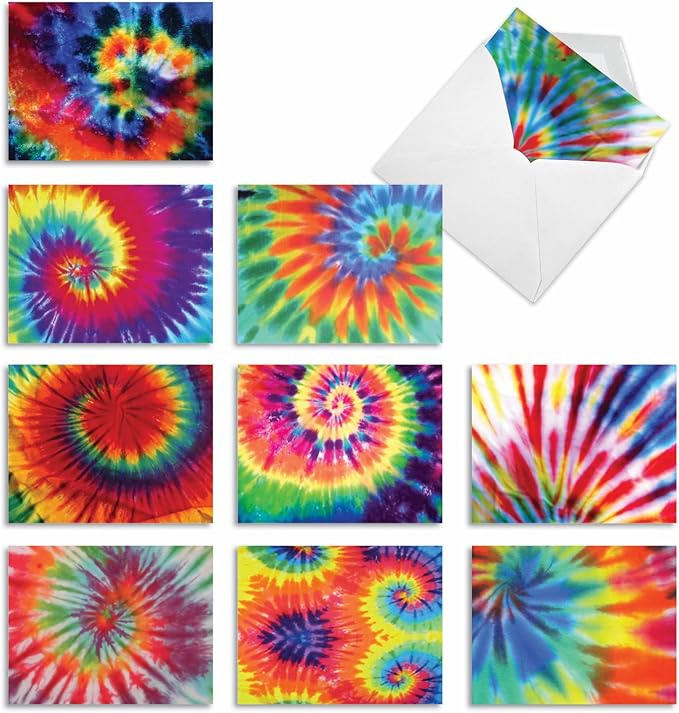 The Best Card Company - 10 Boxed Blank Note Cards Set with Envelopes (4 x 5.12 Inch), Tie Die Retro Fun Note Cards Assorted - To Dye For M6593OCB