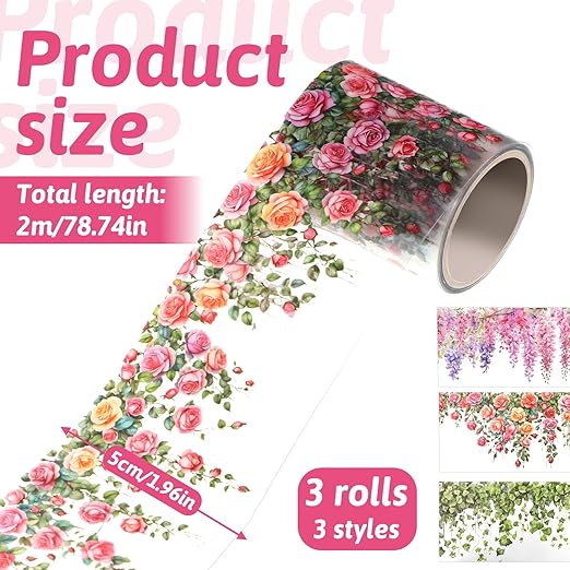 Floral Washi Tape, 3 Rolls Washi Tape Stickers, Pet Decorative Tapes Stickers, 50mm Wide Self Adhesive Green Leaf Rose Vine for Scrapbook Journal Craft