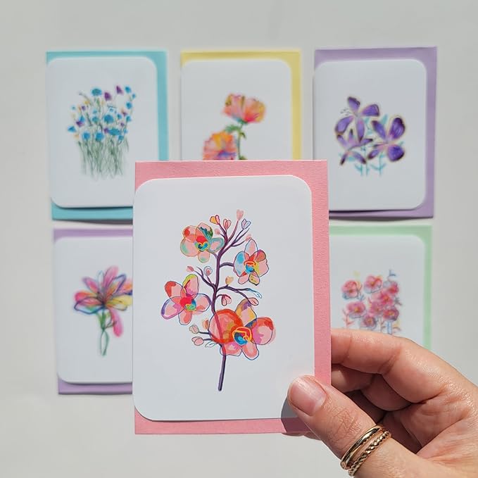Handmade Floral Note Card Set: Vibrant Flower Art, Blank Inside, Set of 6