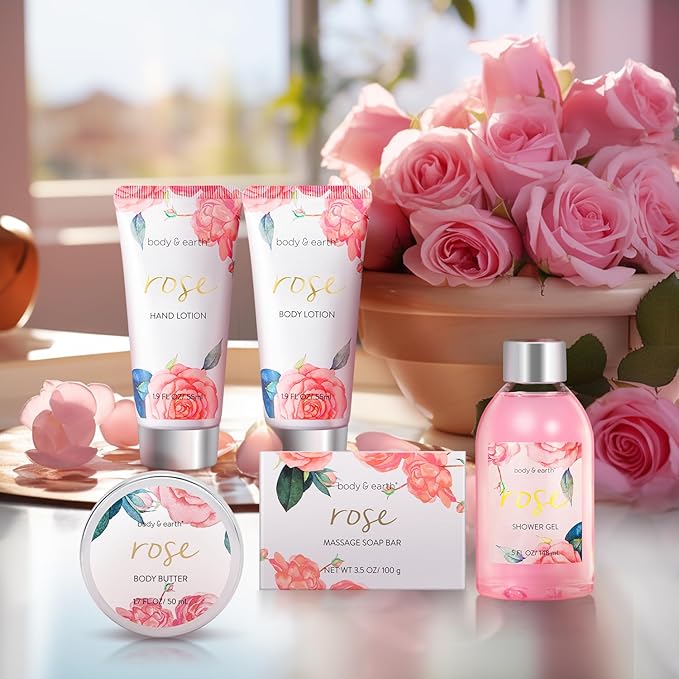 Bath and Body Gift Set for Women, Body & Earth 5 Pcs Rose Spa Gifts for Women, Self Care Kit, Lotion Set for Her,Mothers Day Presents for Mom