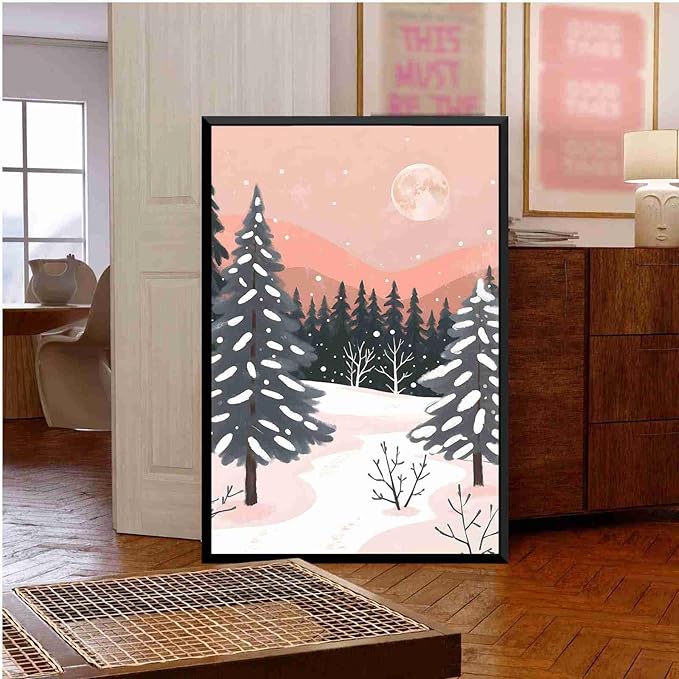 Framed Canvas Wall Art serene winter landscape art print Christmas snow cosy winter's day 20x30in Metal blackFramed