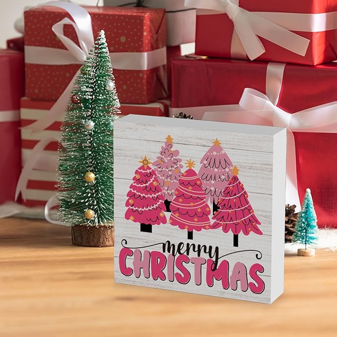 WRSUNT Rustic Pink Merry Christmas Wall House Decor Wood Box Sign, Farmhouse Christmas Santa Artwork Decor, Wood Square Sign Desk Block Signs Home Shelf Office Decoration 5 x 5 Inches