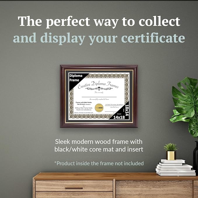 Creative Picture Frames 14x18 Mahogany Gold Rim Diploma Frame with Black Mat Glass and Installed Wall Hangers | Frame Holds 16x20 Media without Mat