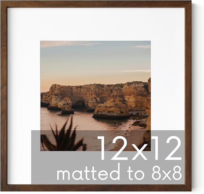 HAUS AND HUES Walnut Oak Wood 12x12 Picture Frame Matted to 8x8 - Square Frame with Plexiglass, Minimalist Wall Display (12x12 in, Walnut, Set of 1)
