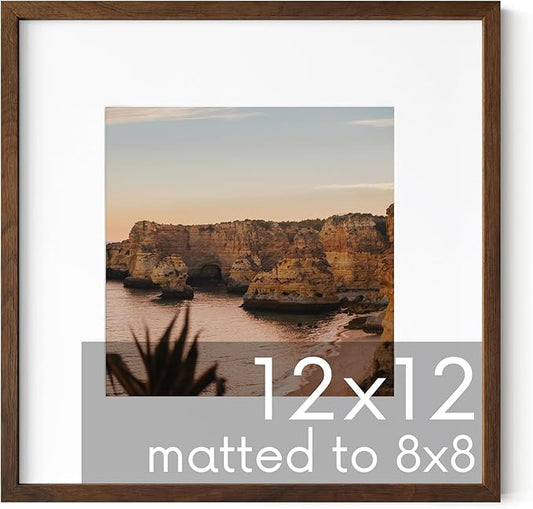 HAUS AND HUES Walnut Oak Wood 12x12 Picture Frame Matted to 8x8 - Square Frame with Plexiglass, Minimalist Wall Display (12x12 in, Walnut, Set of 1)
