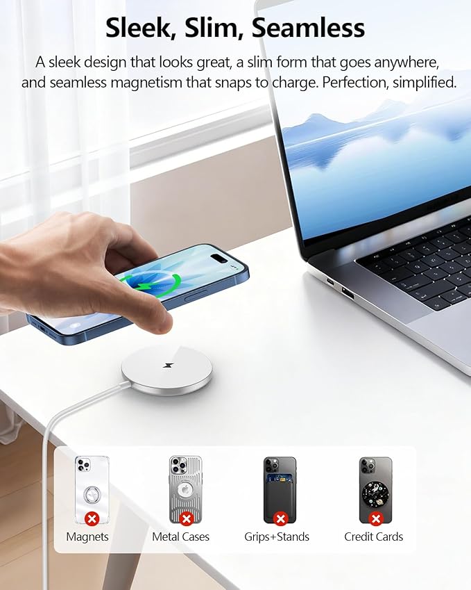 NANAMI Magnetic Wireless Charger Pad with 20W PD Adapter,for MagSafe iPhone 17/16/15/14/13/12 Series & AirPods 3/2/Pro/Pro 2,Non-Slip Base & Strong Magnetic Alignment for Desk and Office Use(White)