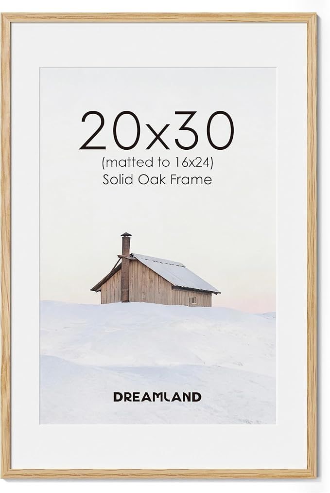 Dreamland Natural Oak Wood Picture Frame 20x30, Wooden Poster Frame with Mat for 16x24, 20 x 30 Matted Picture Frames with Tempered Real Glass for Wall Art Photo and Prints, Oak Color, Set of 1