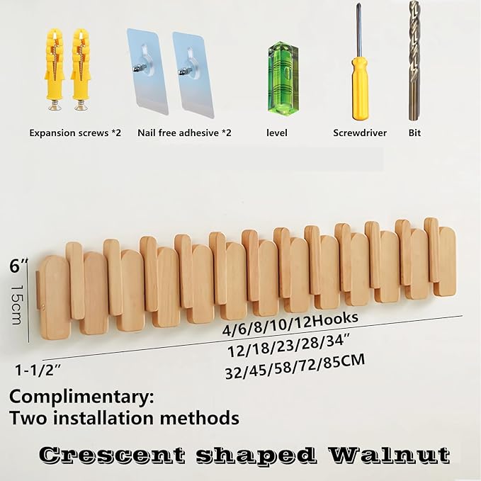 Wall Mounted Coat RackHooks Piano Key Hangers Natural Solid Wood Hanger Non-Woven Fabric Clothes Hangers for Closet, Kitchen, Bedroom, Bathroom, Entryway (Moon-Beech, 10 Hooks)